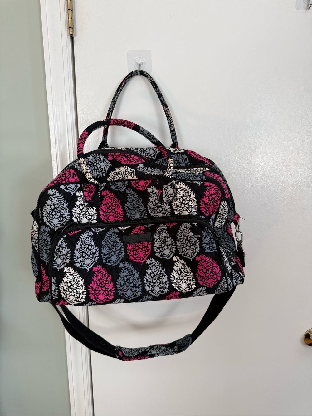 Vera Bradley Quilted Travel Duffel - Black with Pink & White Damask